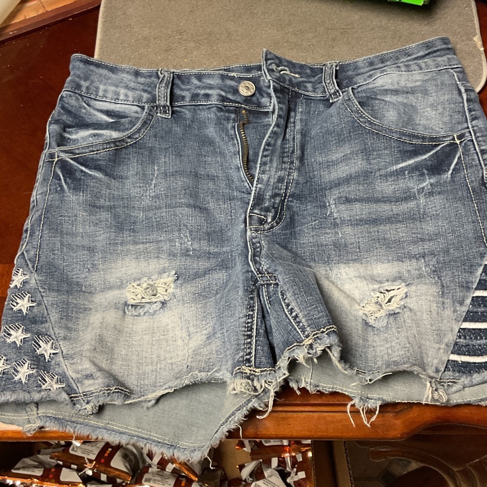 Distressed Denim Shorts with Star Accents